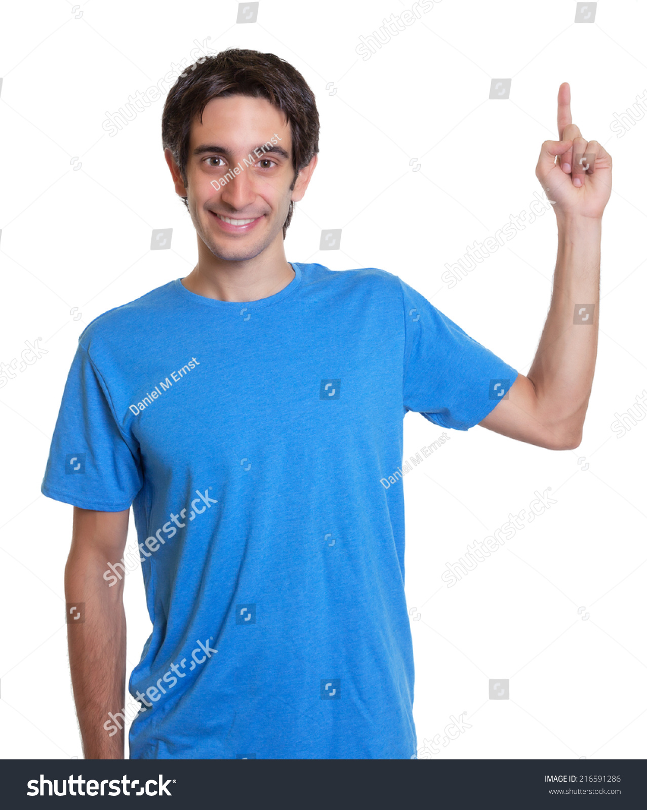 Laughing Spanish Guy Blue Shirt Pointing Stock Photo Edit Now