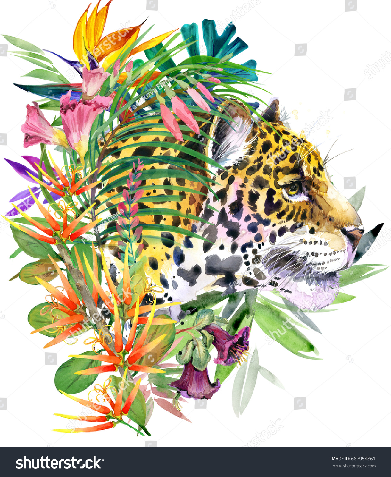 Leopard Watercolor Illustration Tropical Flower Background Stock ...