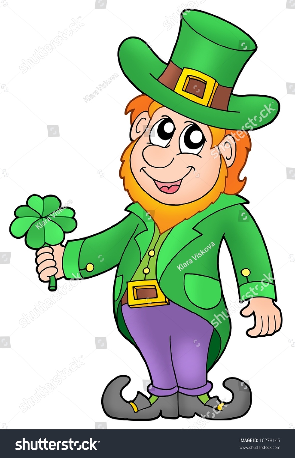 Leprechaun With Four Leaves Clover - Color Illustration. - 16278145 ...