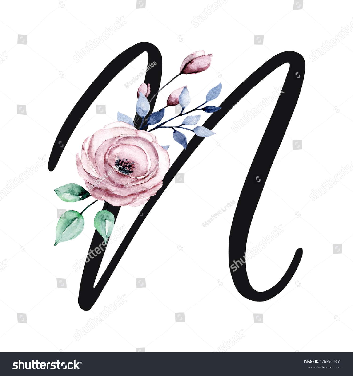 Letter N Watercolor Flower Leaves Letterhead Stock Illustration ...