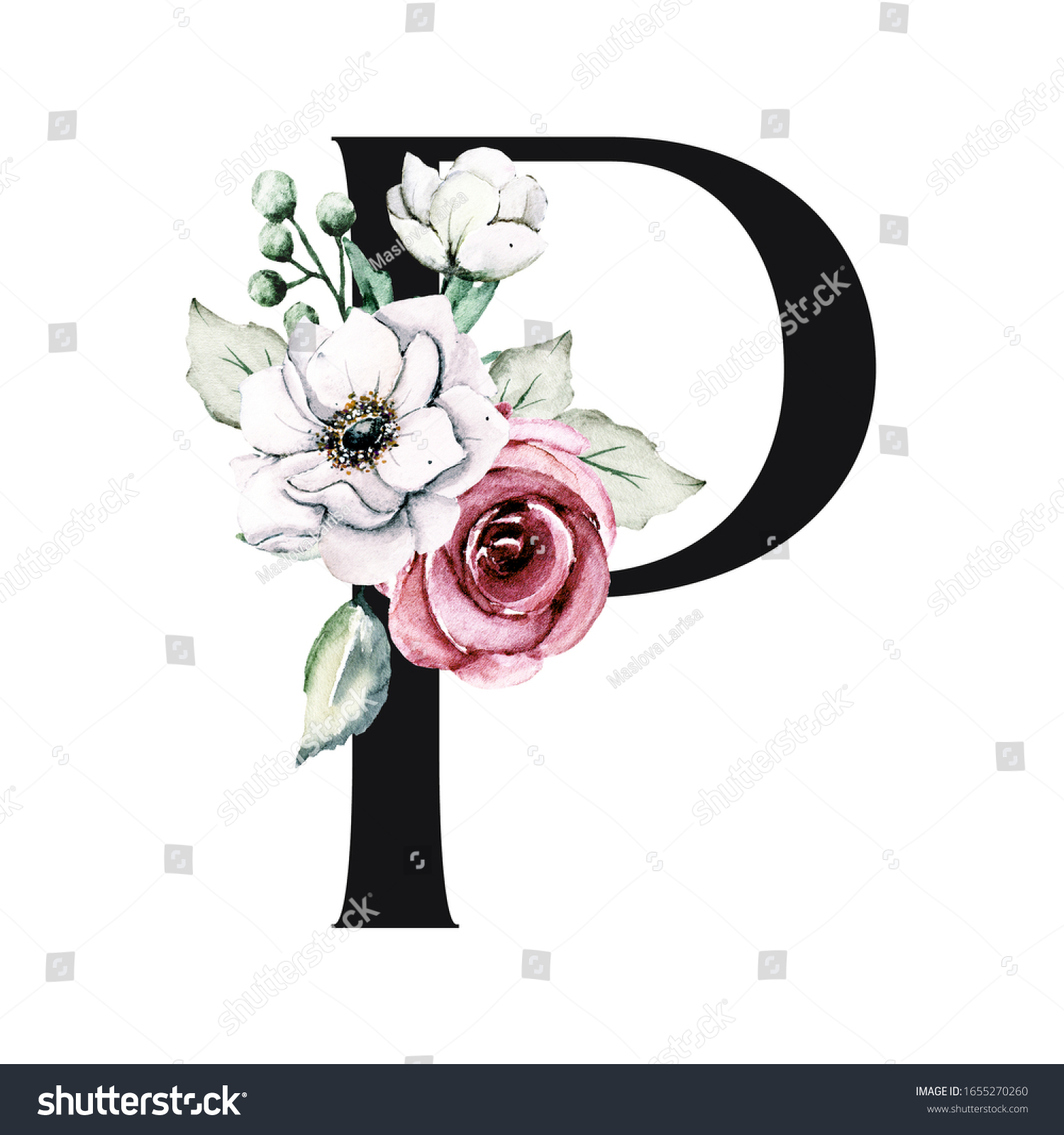 Letter P Floral Monogram Initial Watercolor Stock Illustration 