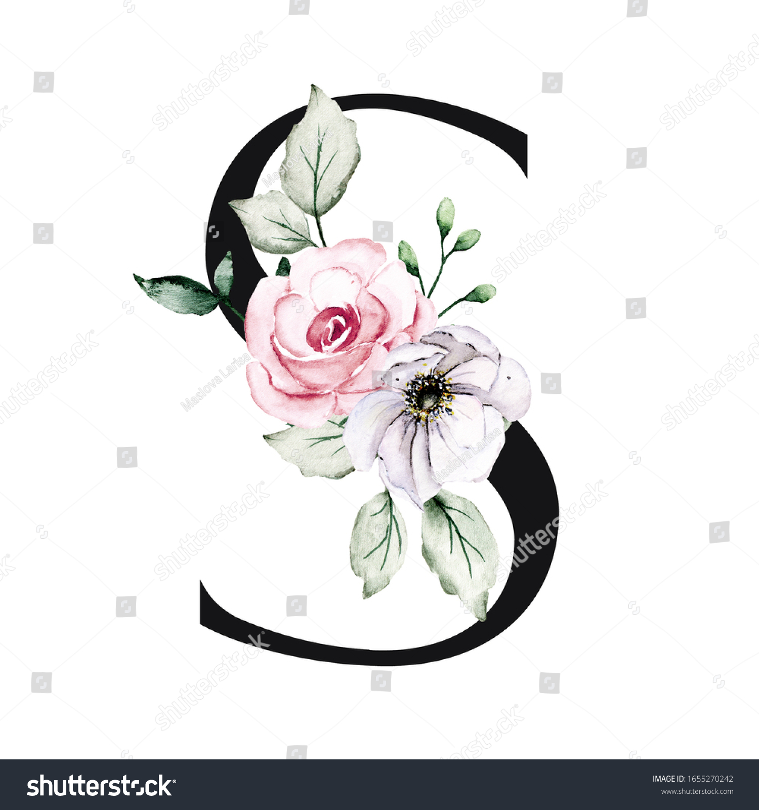 Letter S Floral Monogram Initial Watercolor Stock Illustration ...