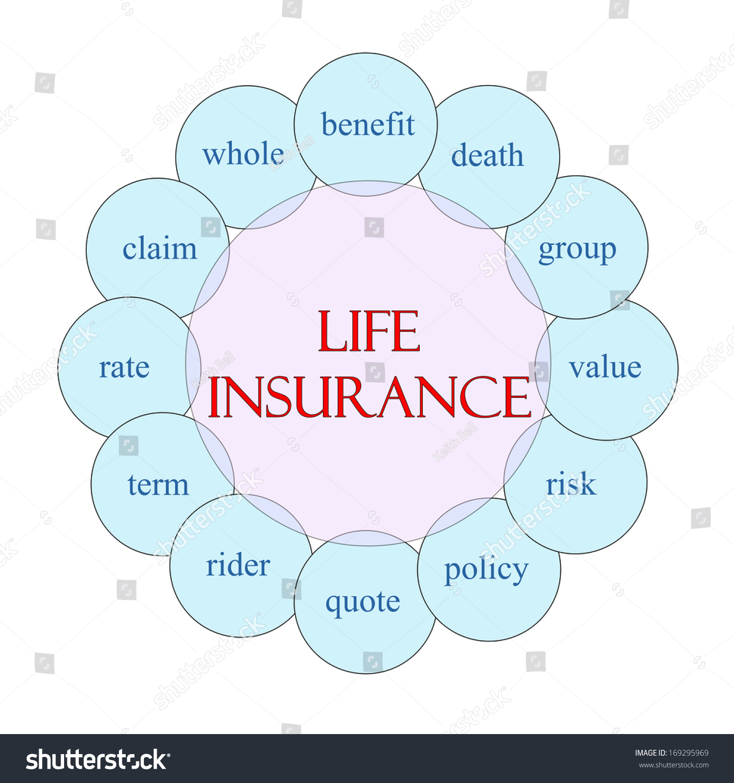 Life Insurance concept circular diagram in pink and blue with great terms such as benefit