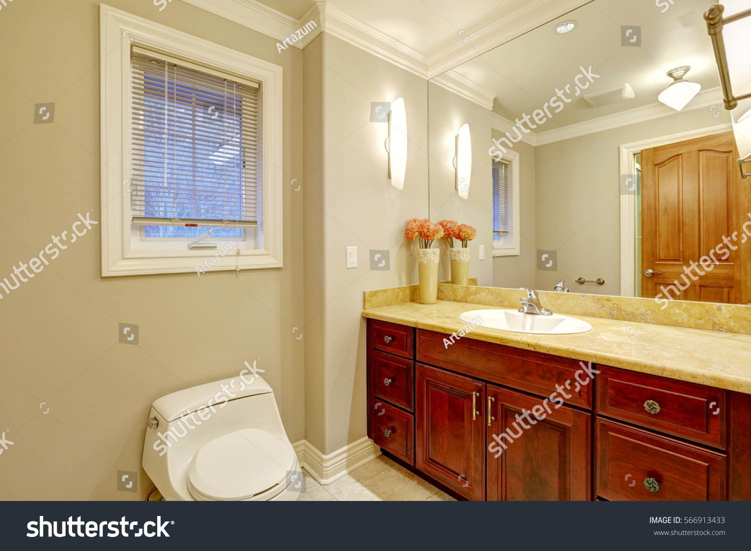 Light Creamy Tones Bathroom Interior With Cherrywood Vanity Cabinet Northwest Usa