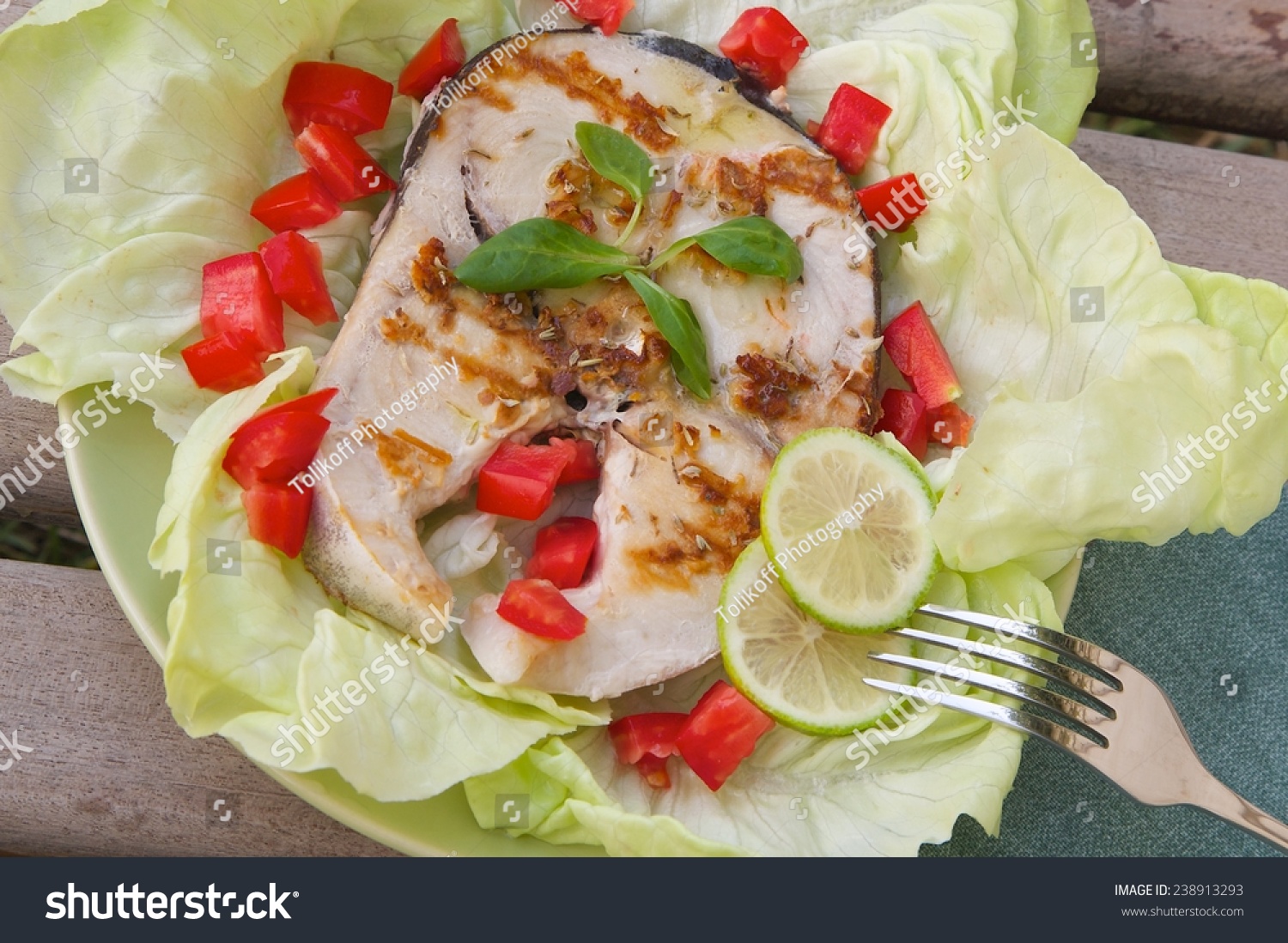 Light Dinner Grilled Swordfish Fresh Salad Food And Drink Stock Image