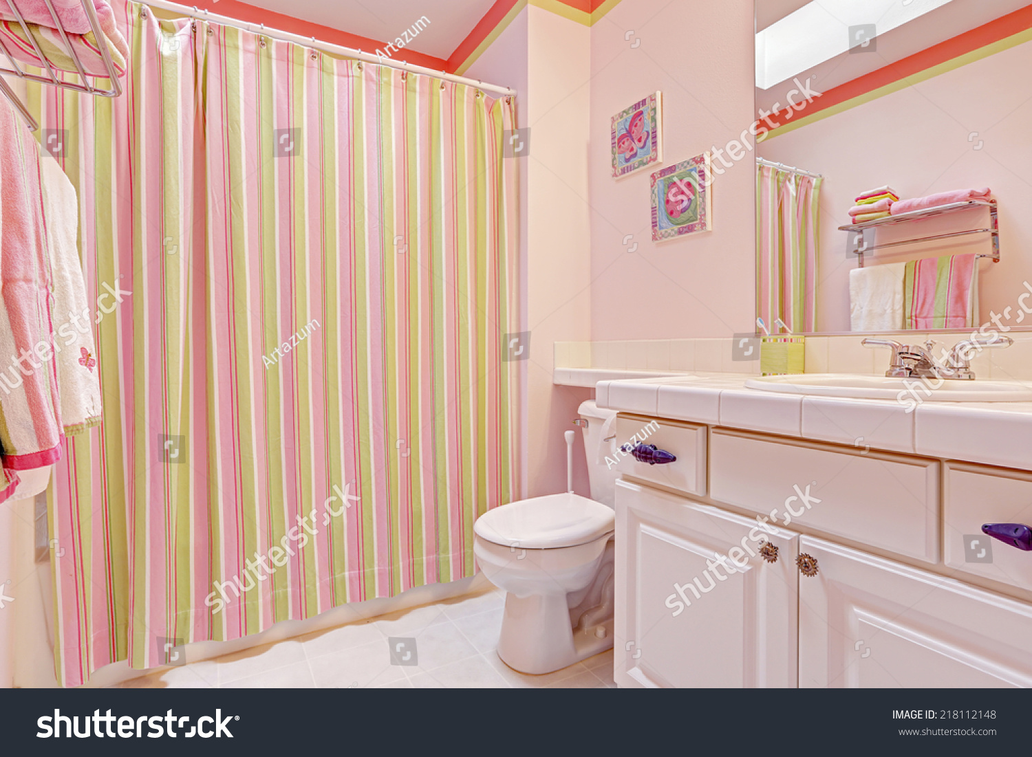 light pink bathroom interior striped curtains stock photo light pink bathroom interior striped curtains stock photo