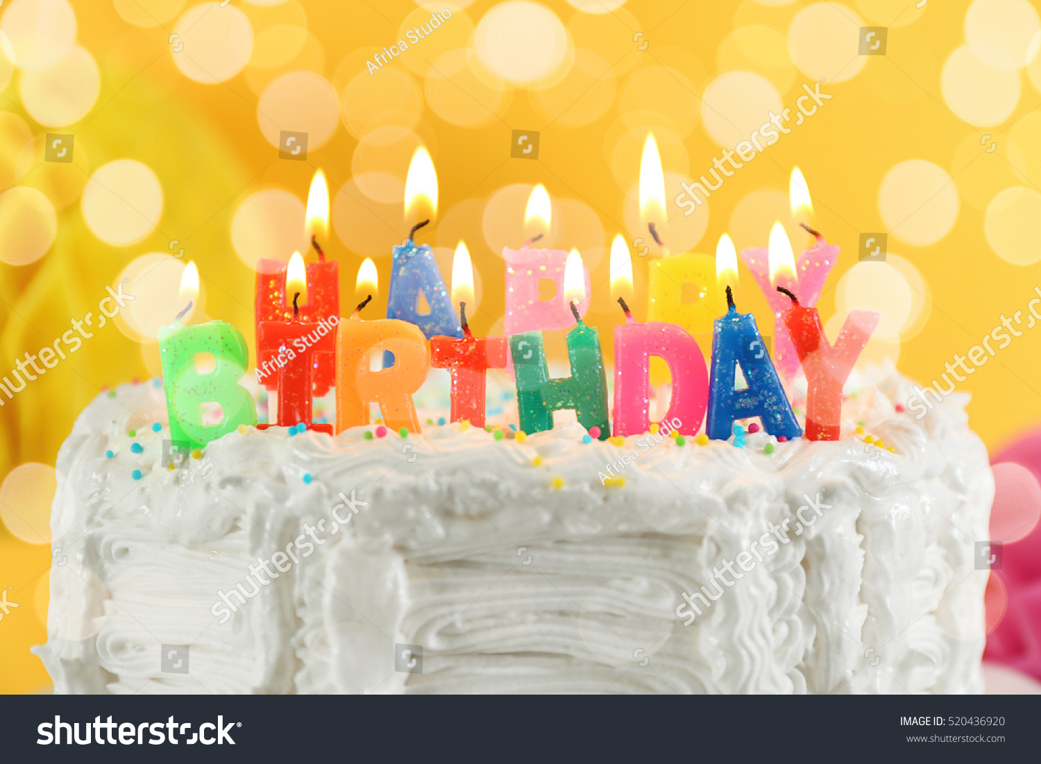 Lighted Candles On Birthday Cake, Closeup Stock Photo 520436920 ...