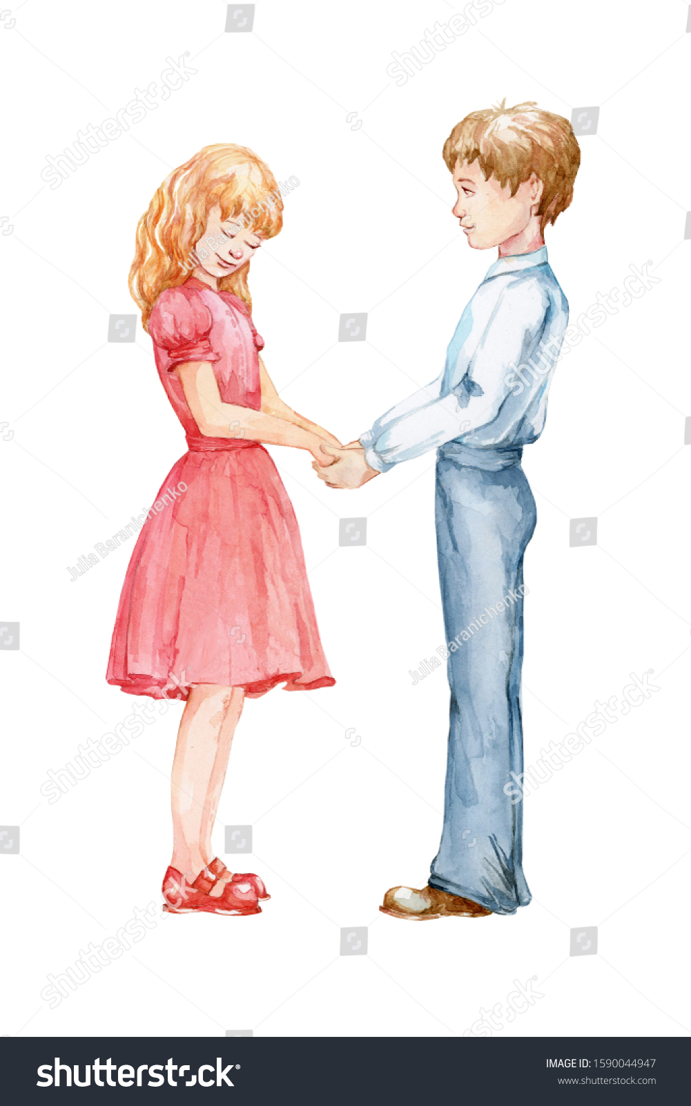 Little Boy Girl Holding Hands Watercolor Stock Illustration