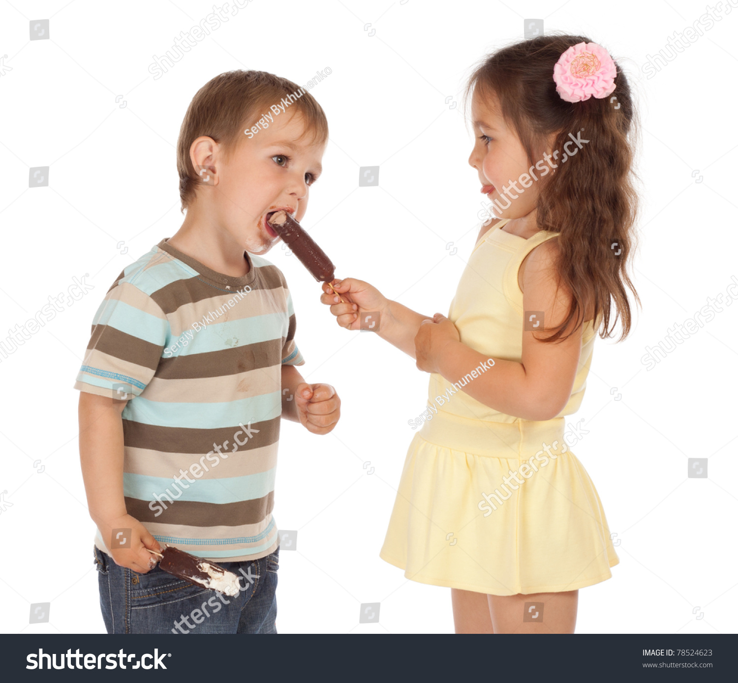 Little Boy Eating Girls Chocolate Ice Cream Little Boy Eating Girls Chocolate Ice Cream