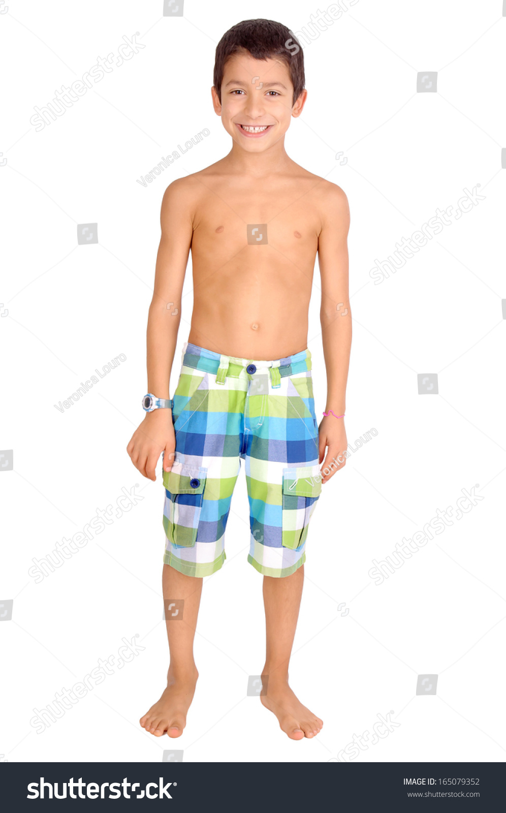 Little Boy With Beach Shorts Isolated In White Stock Photo 165079352 ...