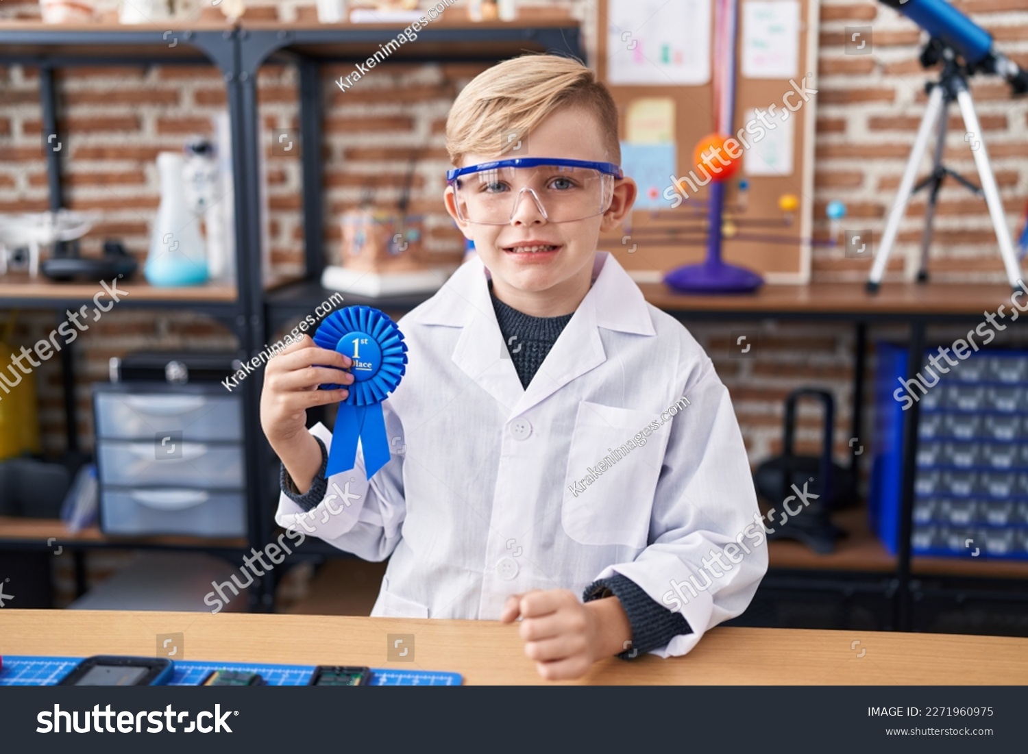  Coral Classic  Template Design Featuring little Caucasian Boy at School Scientist