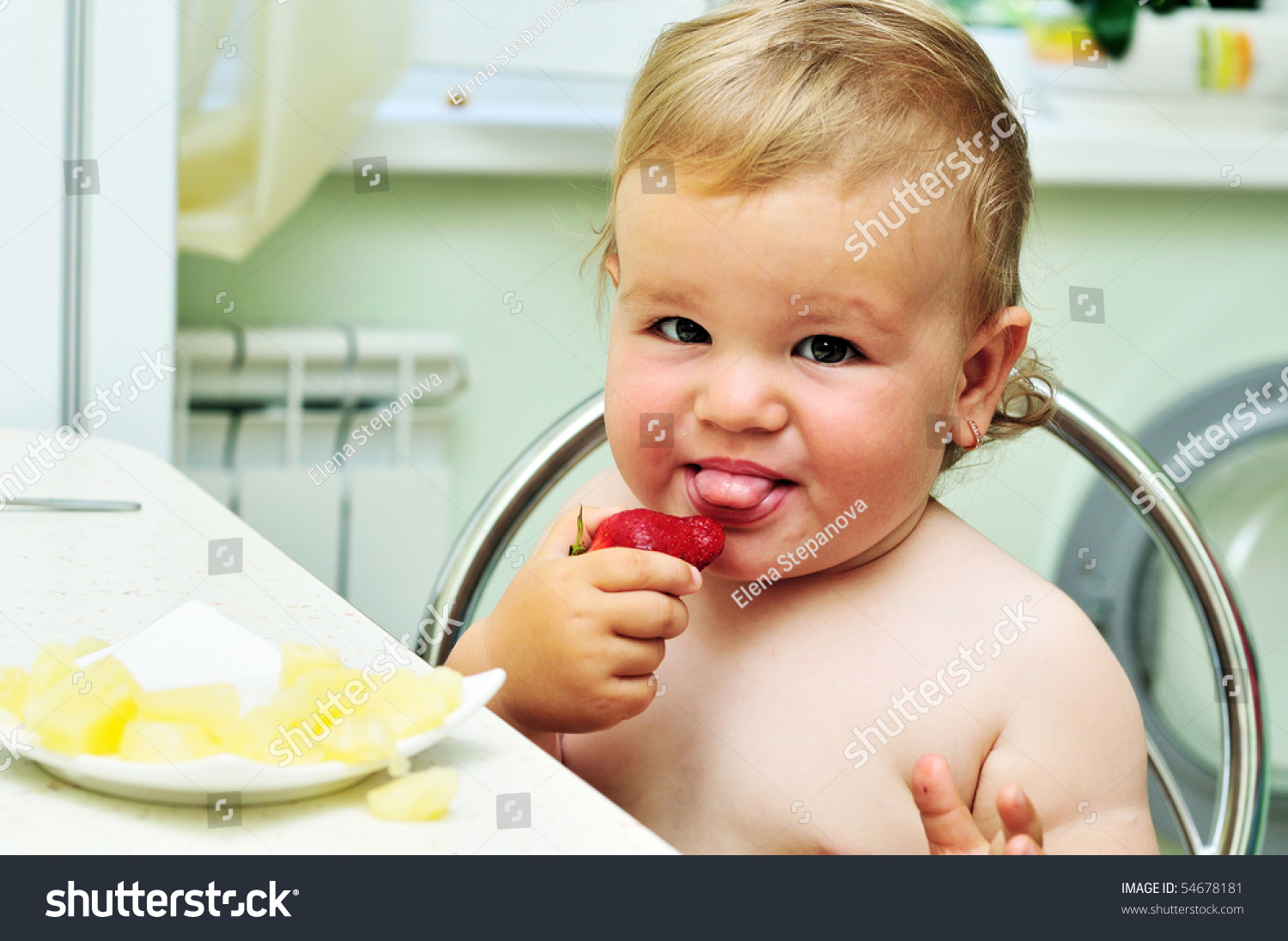 Little Funny Baby Girl Tasting Fresh Strawberry Stock Photo 54678181 ...