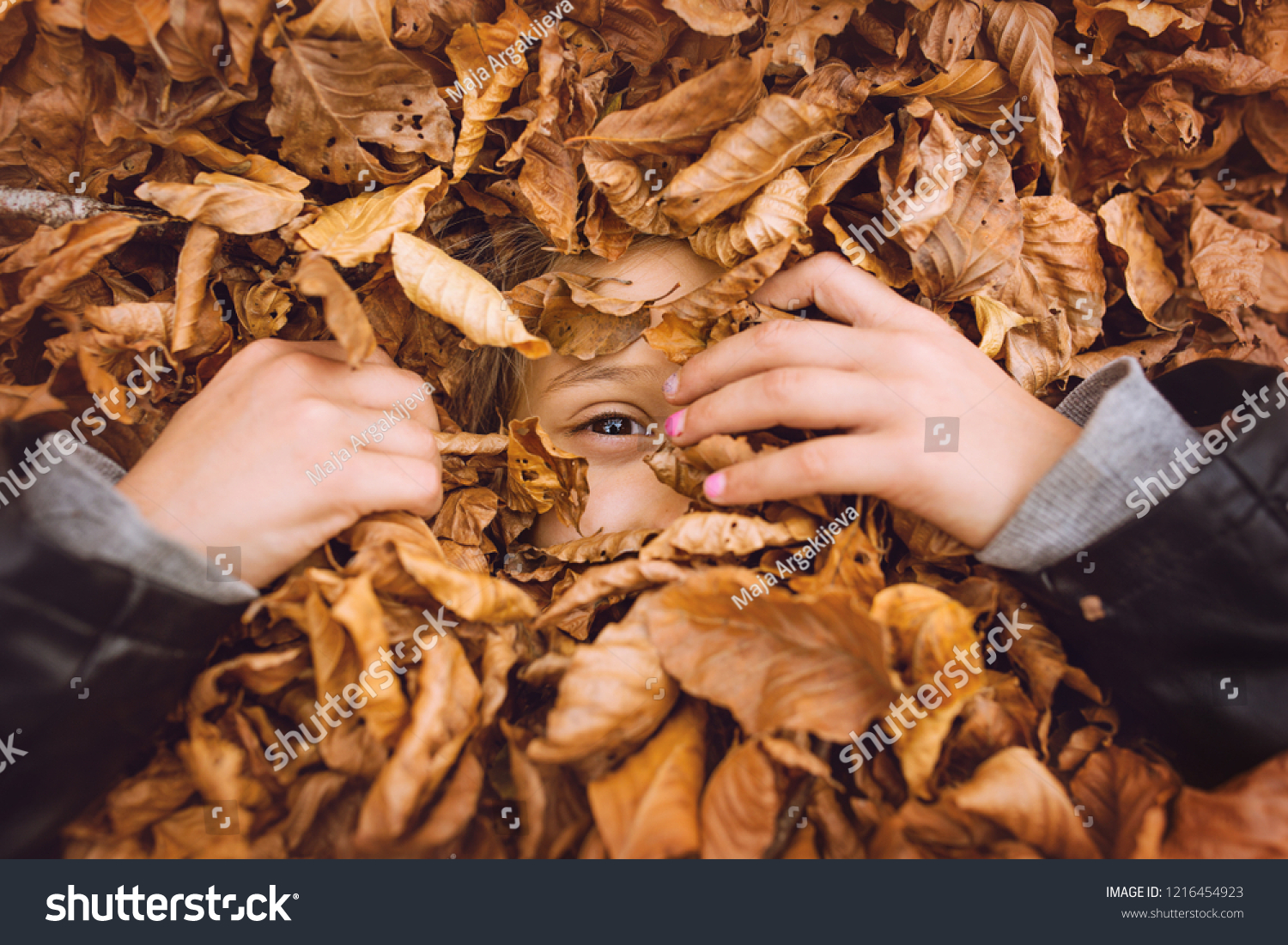 Little Girl Covered Fallen Autumn Leaves Stock Photo Edit Now