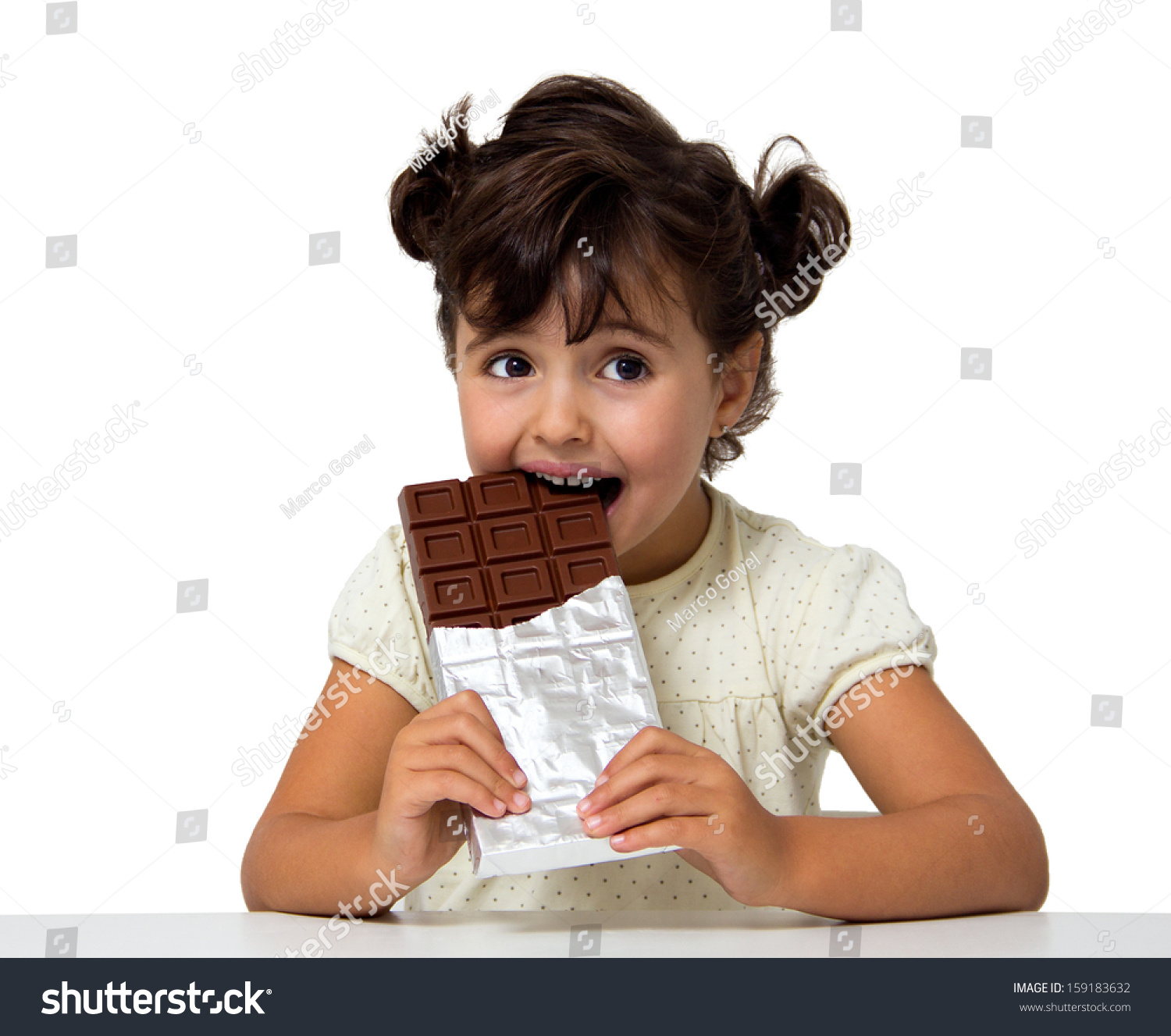 Little Girl Eating Chocolate Isolated On Stock Photo 159183632 ...