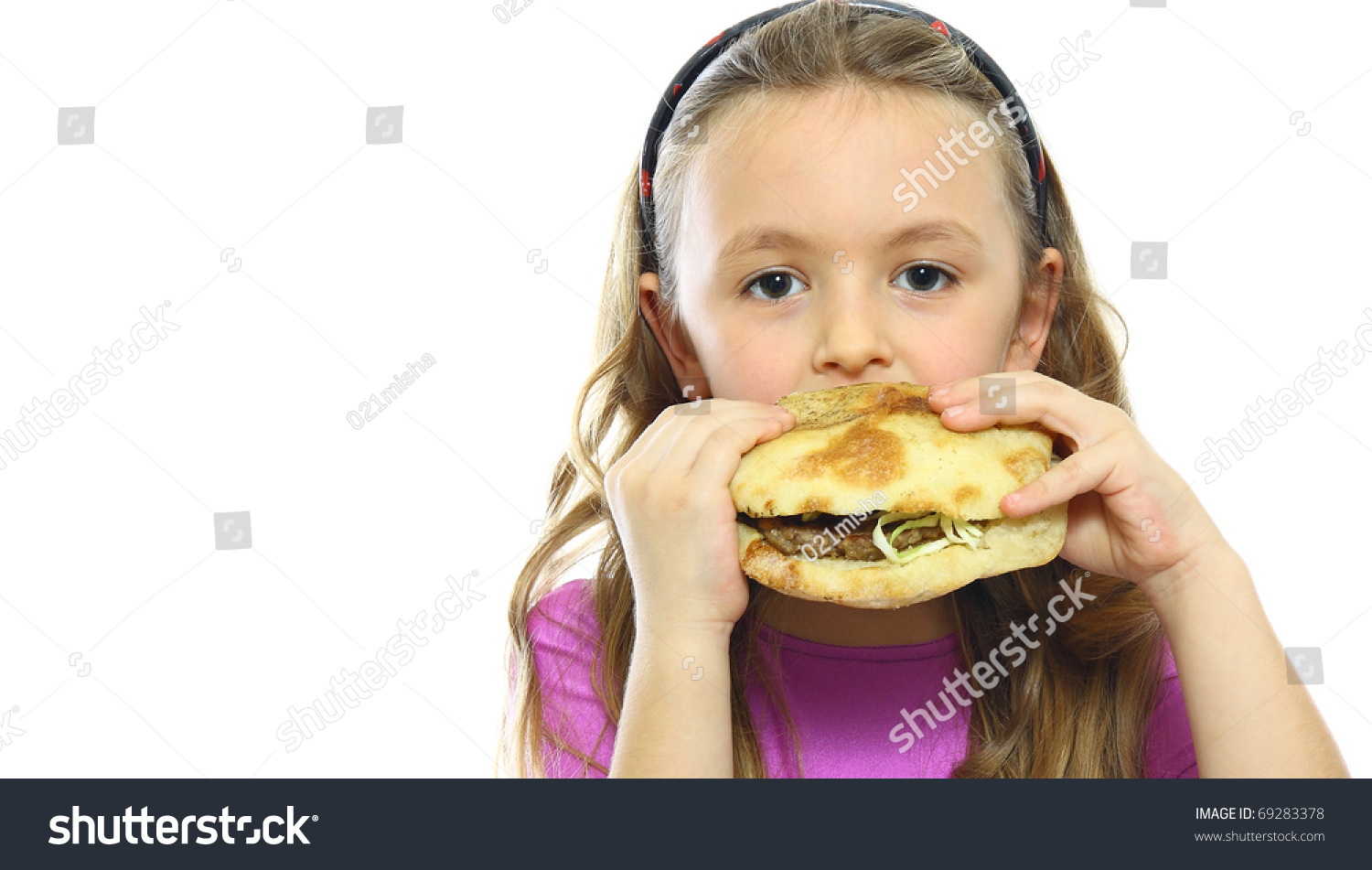 Little Girl Eating Hamburger Isolated On White Stock Photo 69283378 ...