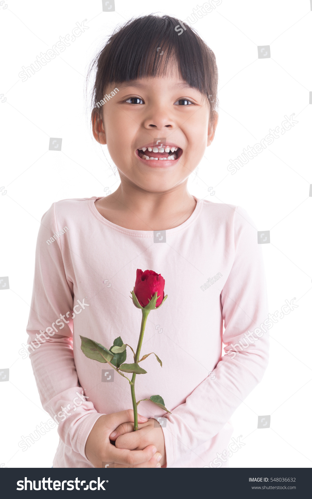 Little Girl Holding Bouquet Or Red Rose Flowers, Asian Girl With ...