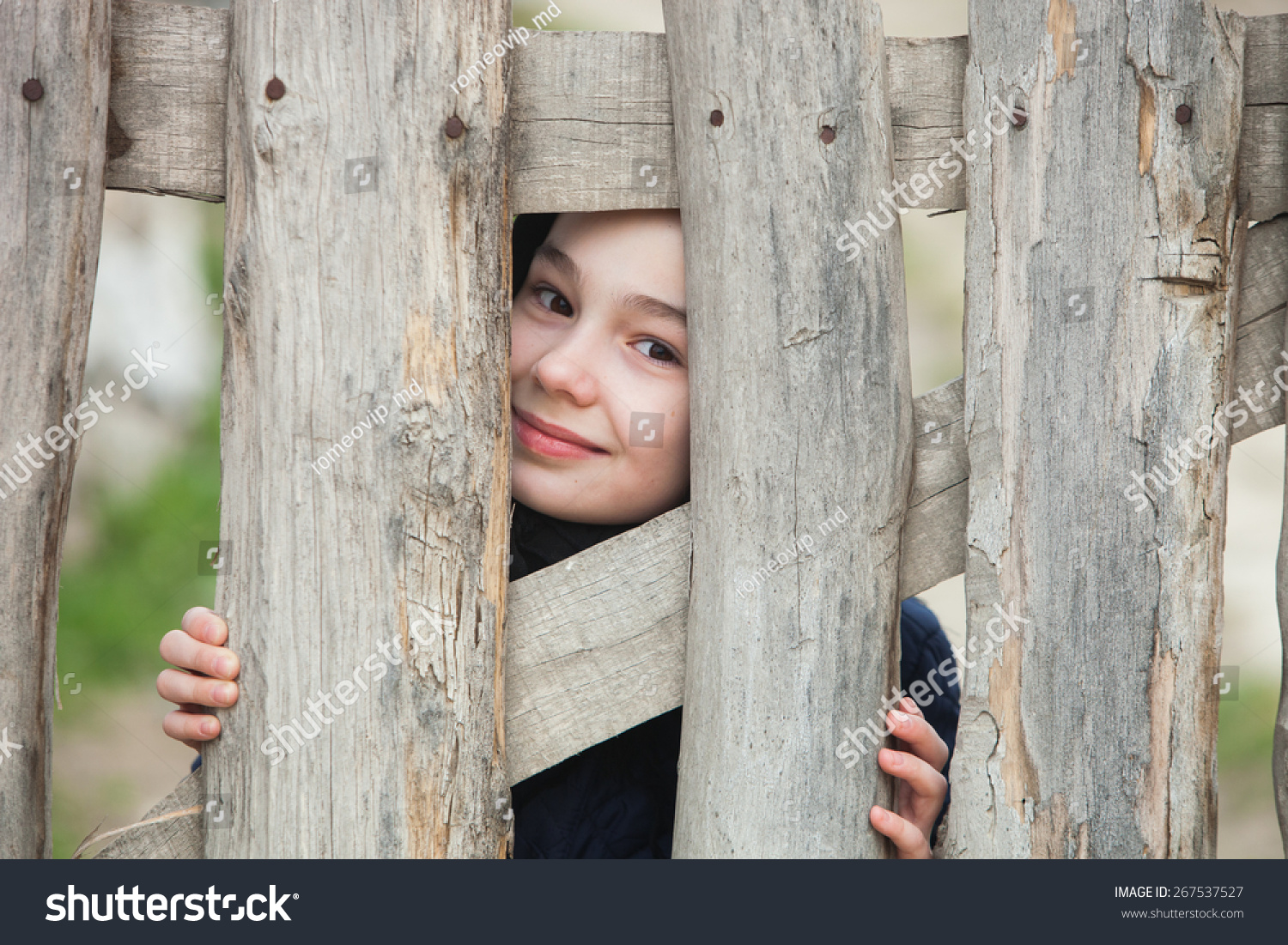 Little Girl Peeking Over Old Wooden Stock Photo 267537527 