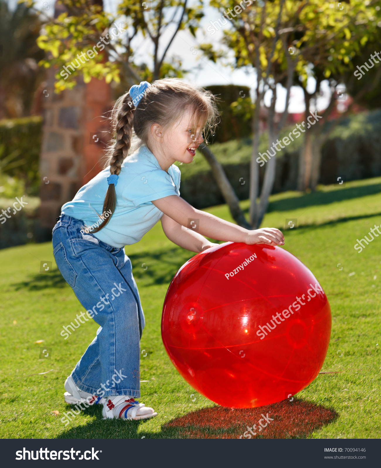 Little Girl Play With Red Ball In The Park Stock Photo 70094146 ...