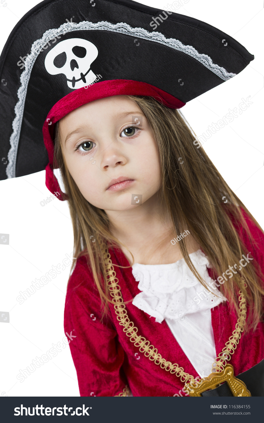 Little Girl Wearing Halloween Pirate Captain Costume Isolated On White ...