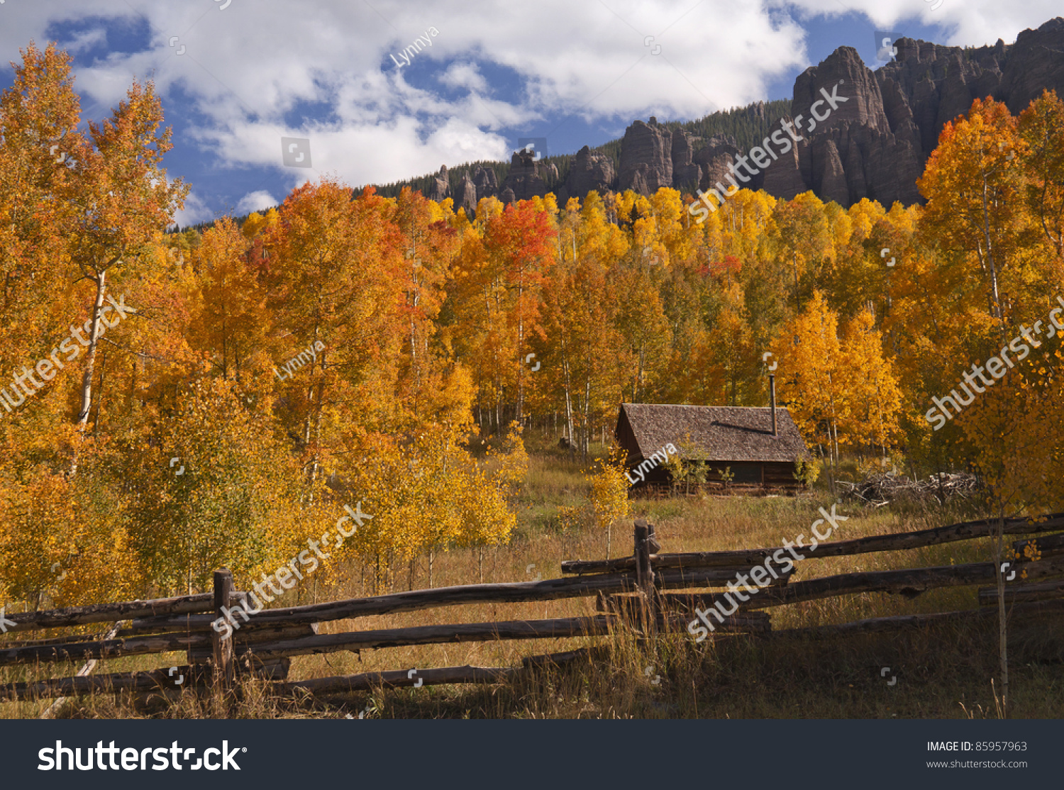 Little Log Cabin Golden Aspen Grove Stock Photo Edit Now 85957963