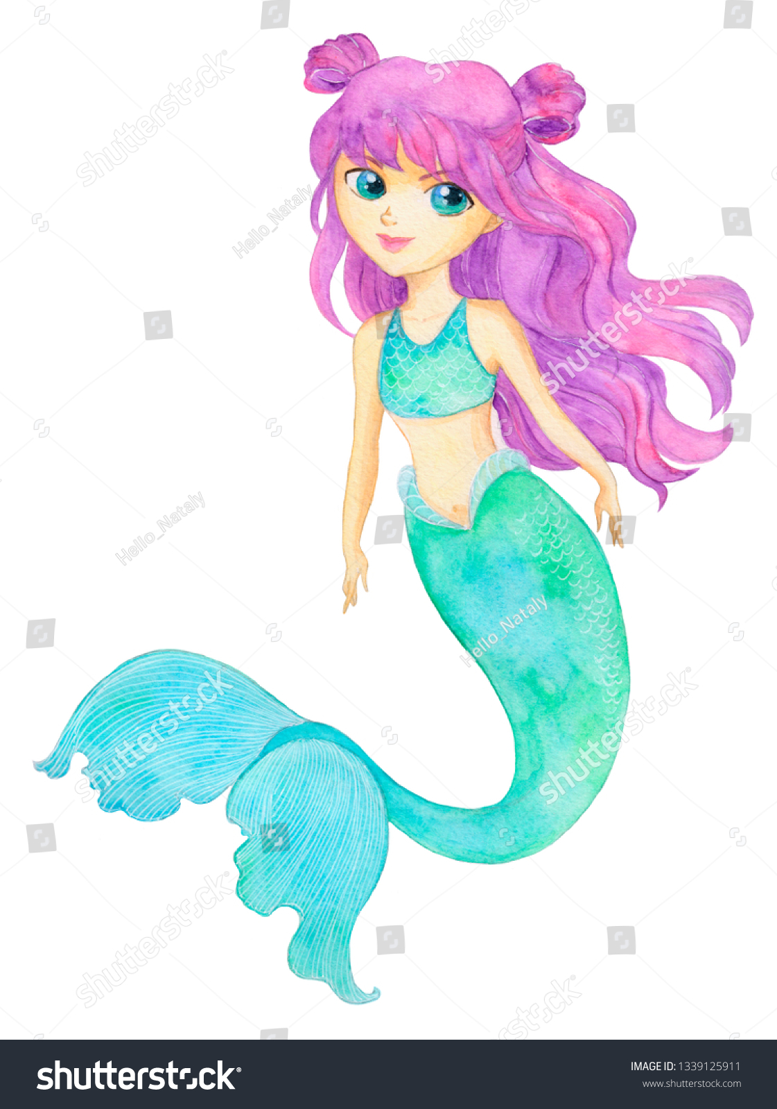 Little Mermaid Purple Pink Hair Blue Stock Illustration 1339125911