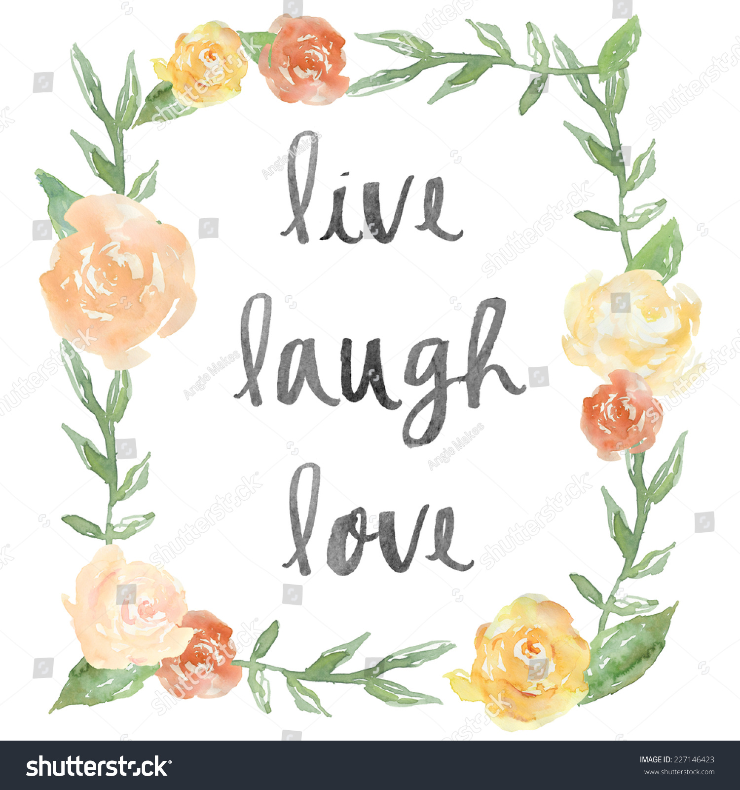Live Laugh Love Quote With Watercolor Peony Wreath Hand Painted Text