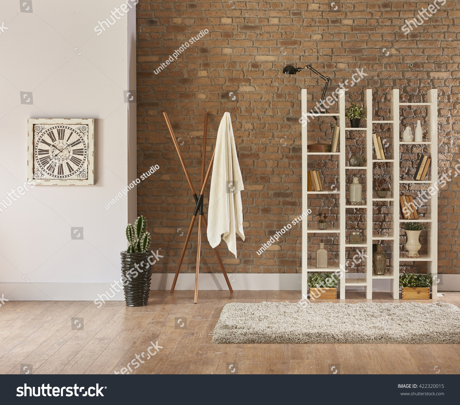 Living Room Interior Bookshelf Behind Natural Brick Wall Concept With