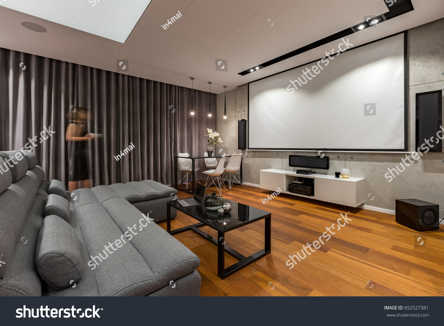 Living Room Projector Screen Gray Couch Stock Photo Edit