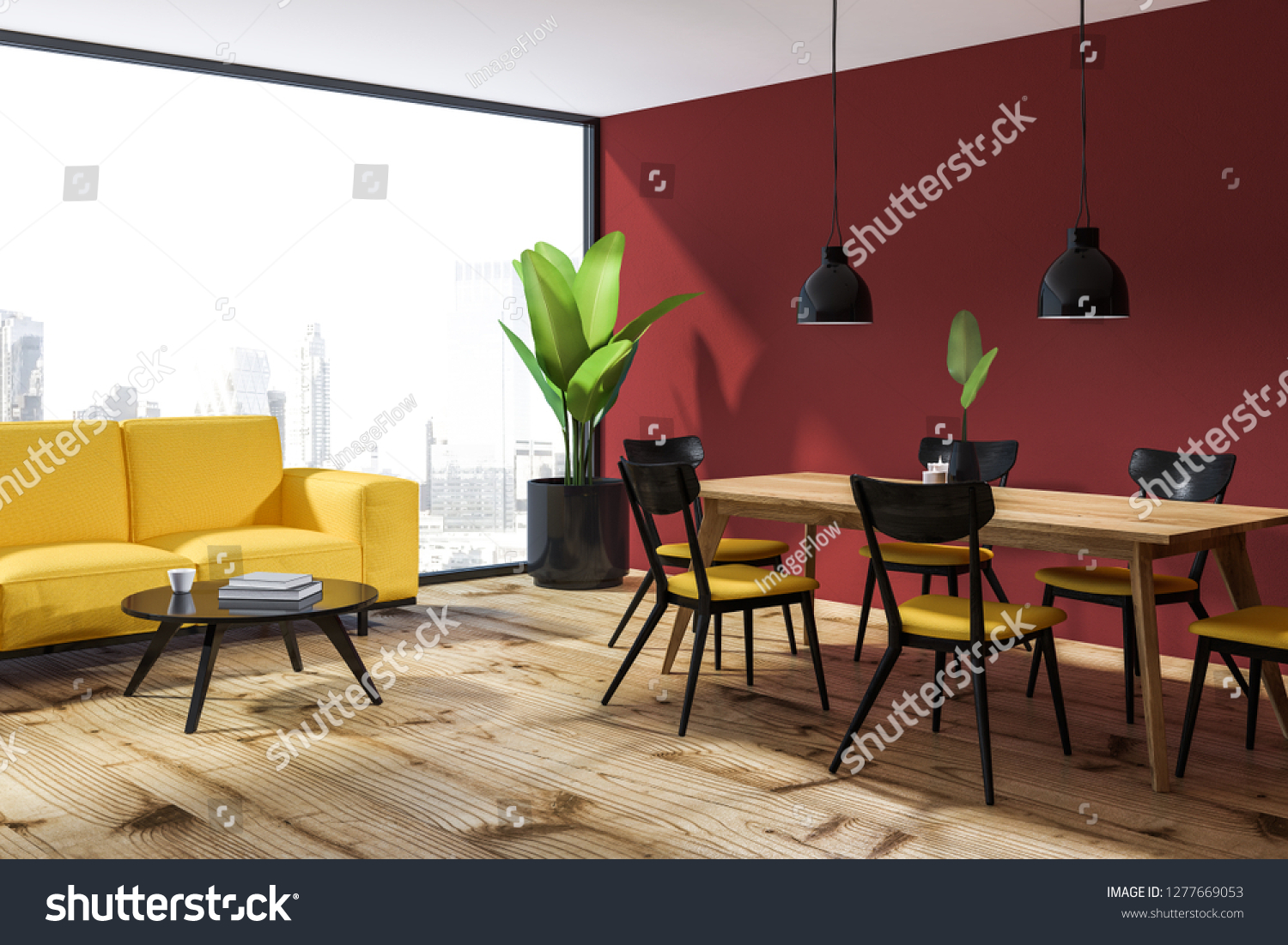 Loft Dining Room Corner Red Walls Stock Illustration 1277669053