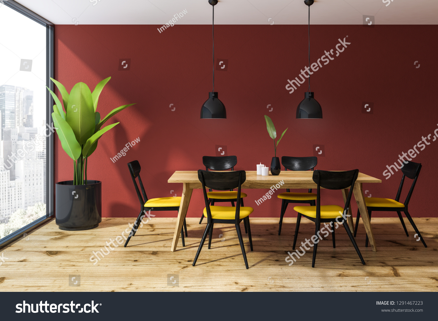 Loft Dining Room Interior Red Walls Stock Illustration 1291467223