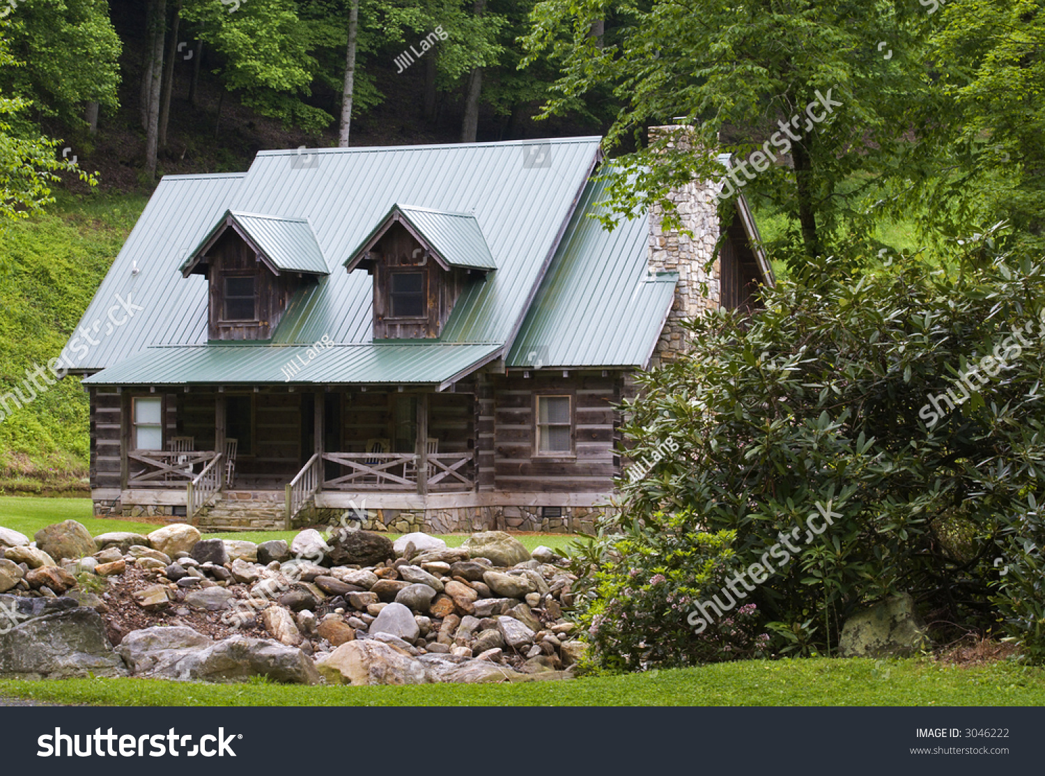 Log Cabin Mountains By Creek Stock Photo Edit Now 3046222