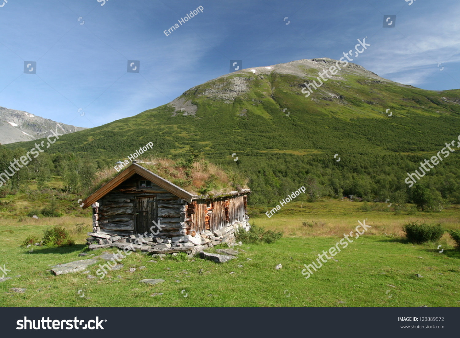 Log Cabin With Grass Roof In Green Valley In Norway Stock Photo ...