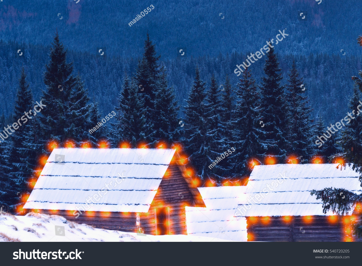 Log Cabins Glowing Dusk Surrounded By Stock Photo Edit Now 540720205