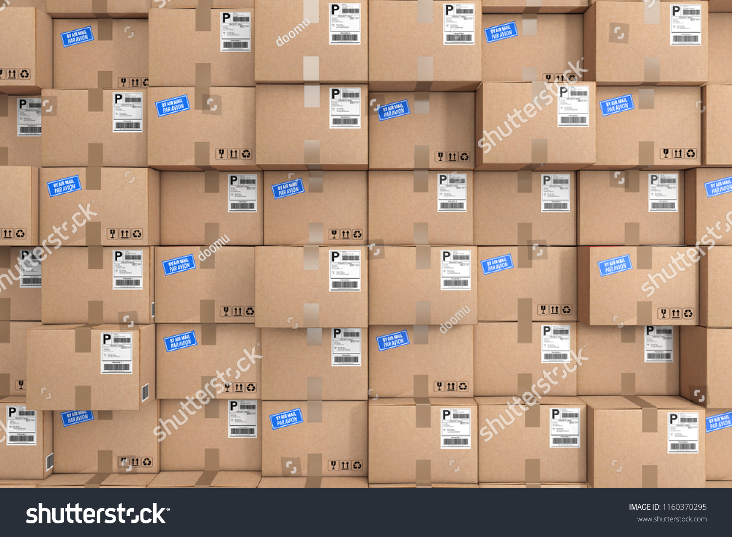 Logistics Concept Stack Rows Cardboard Boxes Stock Illustration 1160370295   Stock Photo Logistics Concept Stack Of Rows Cardboard Boxes In Warehouse Extreme Closeup D Rendering 1160370295 