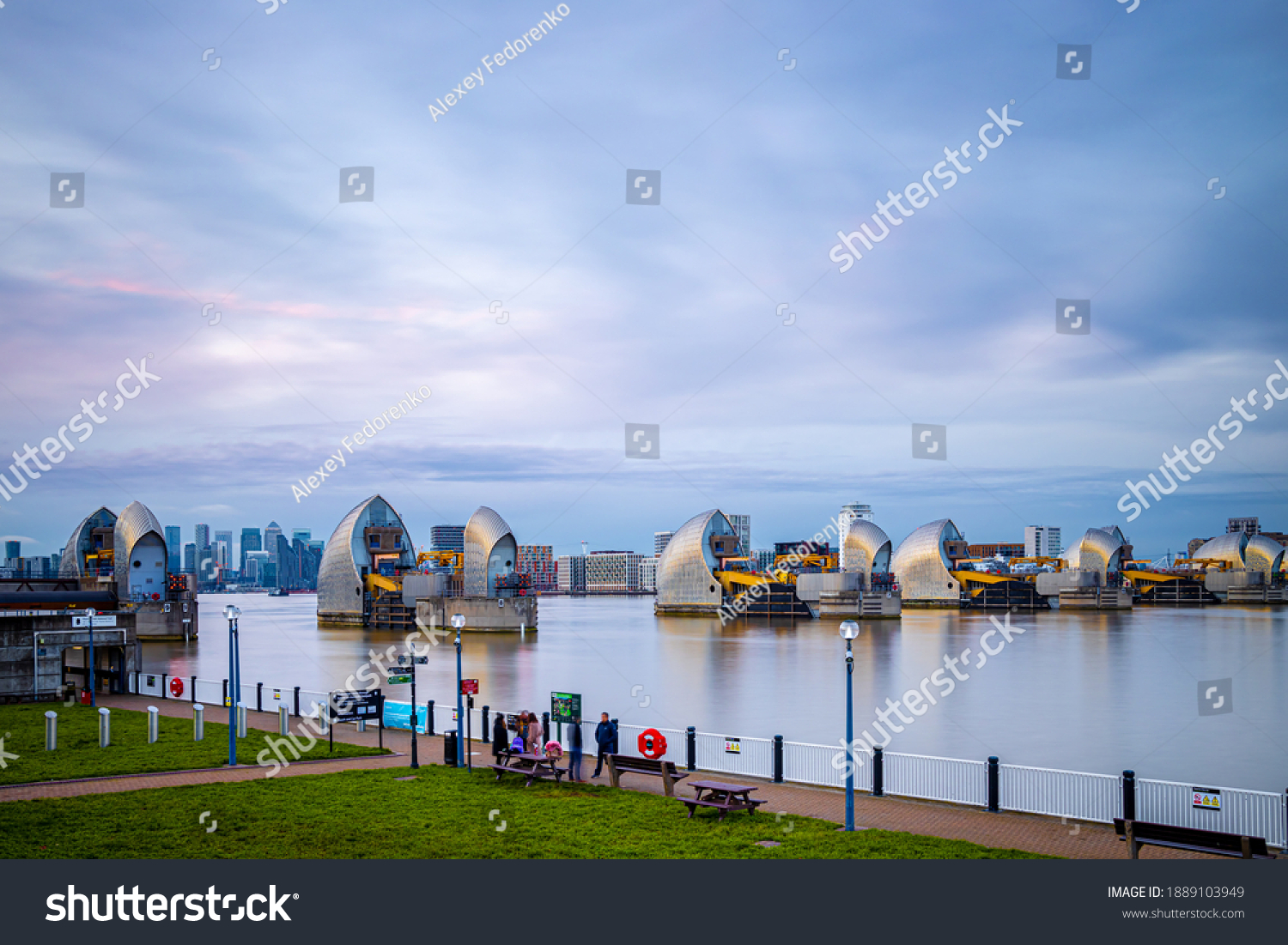 931 Im Genes De Thames Barrier Im Genes Fotos Y Vectores De Stock   Stock Photo Long Exposure View Of Canary Wharf And Thames Barrier In London Uk 1889103949 