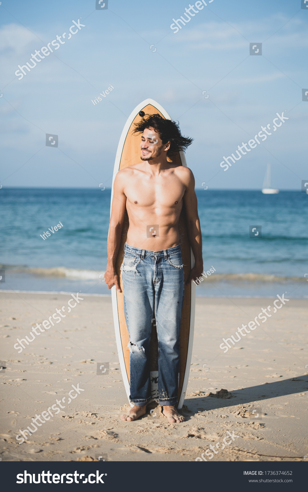 Long Hair Handsome Male Model Surfboard Stock Photo (Edit Now) 1736374652