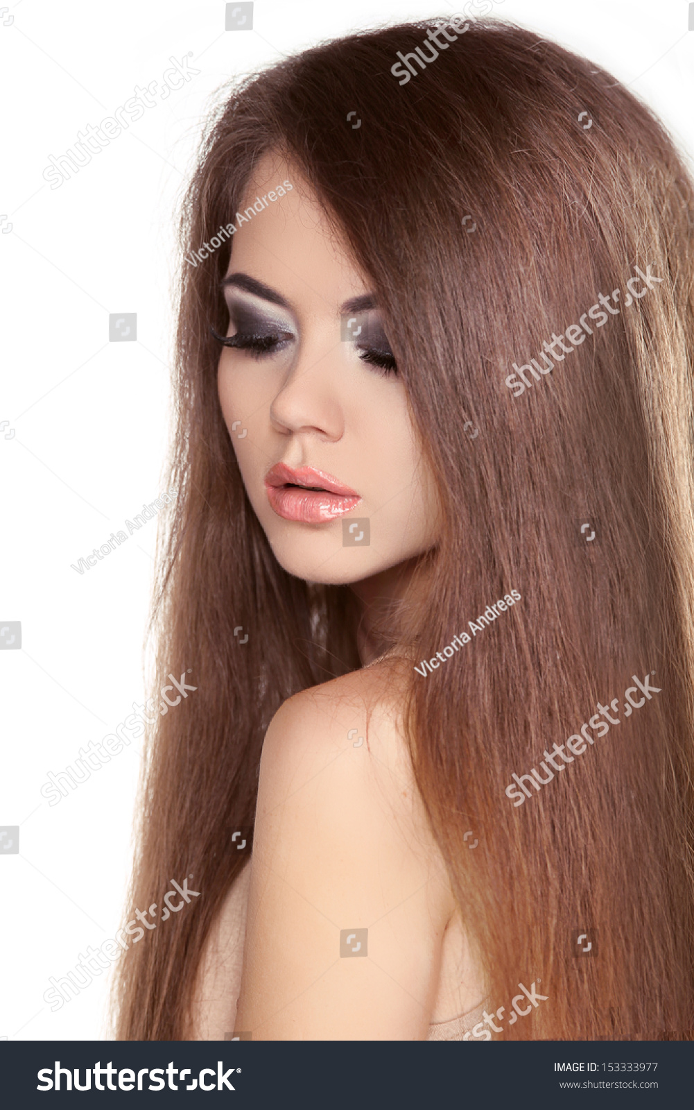 Long Straight Hair Beautiful Brunette Girl Stockfoto Jetzt