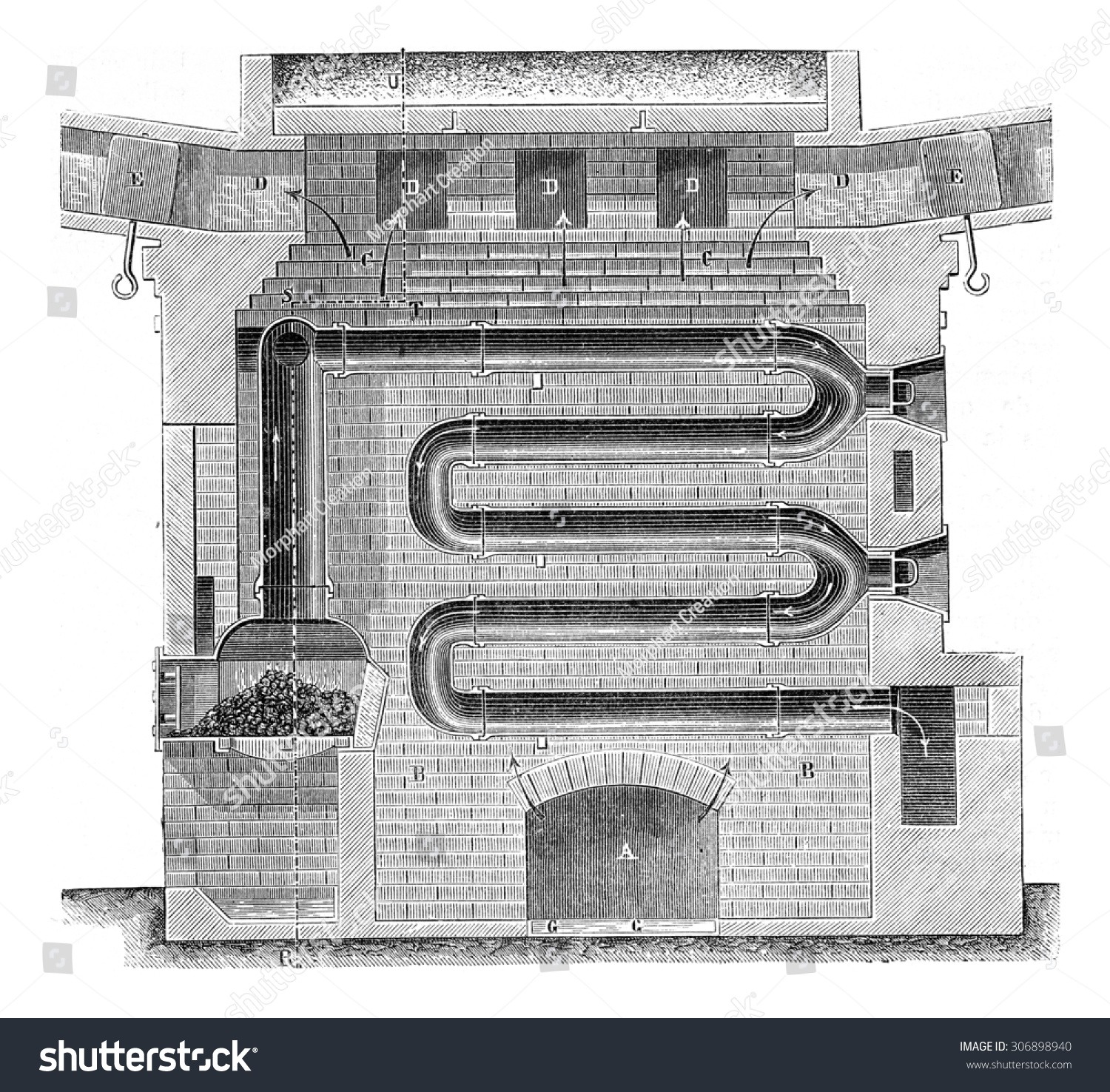 Longitudinal Section Horizontal Circulation Furnace Vintage Stock ...