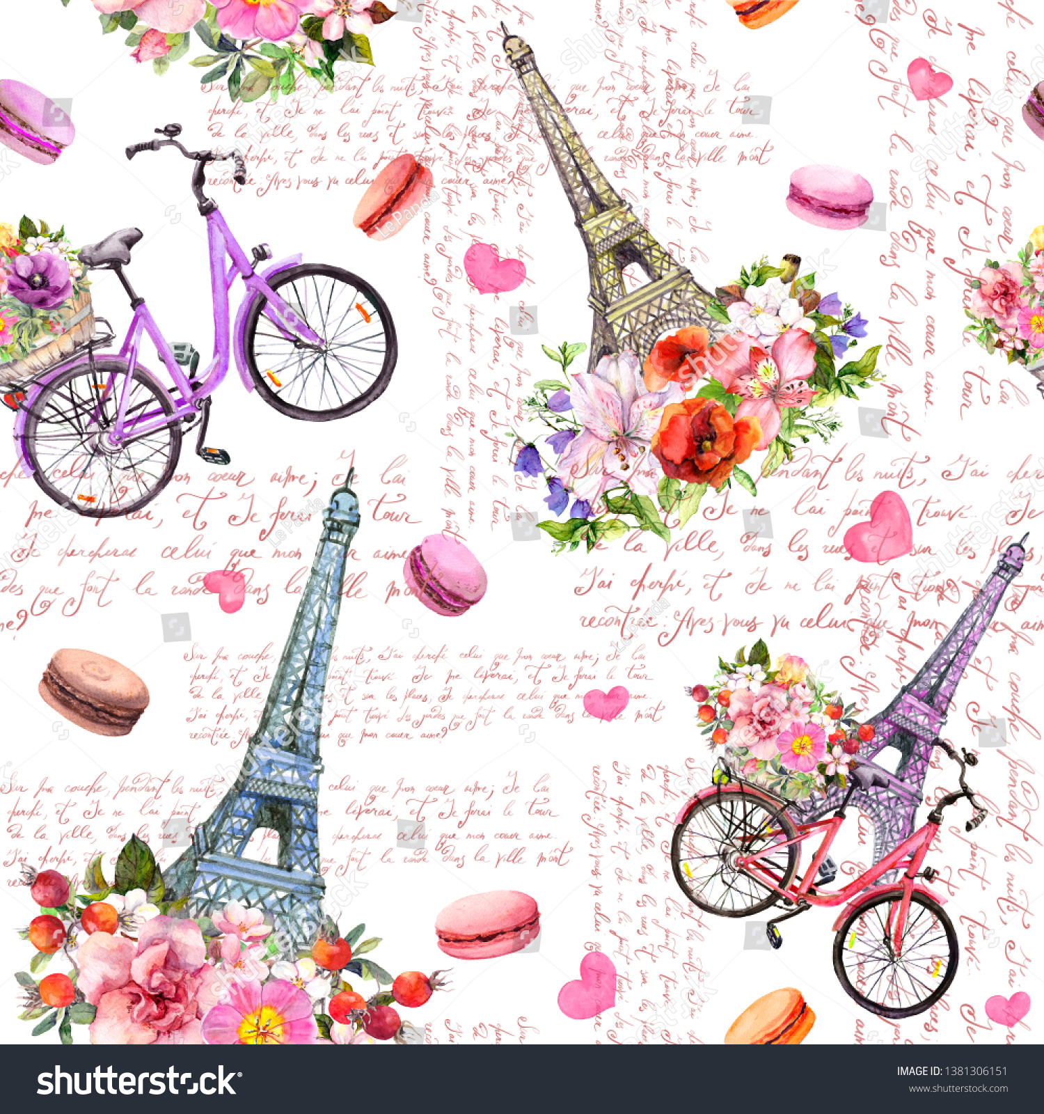 パリでの愛 エッフェル塔 ハート 花 自転車 マカロン 手書きのフランス語のテキスト ピンク色のシームレスな水彩柄 のイラスト素材