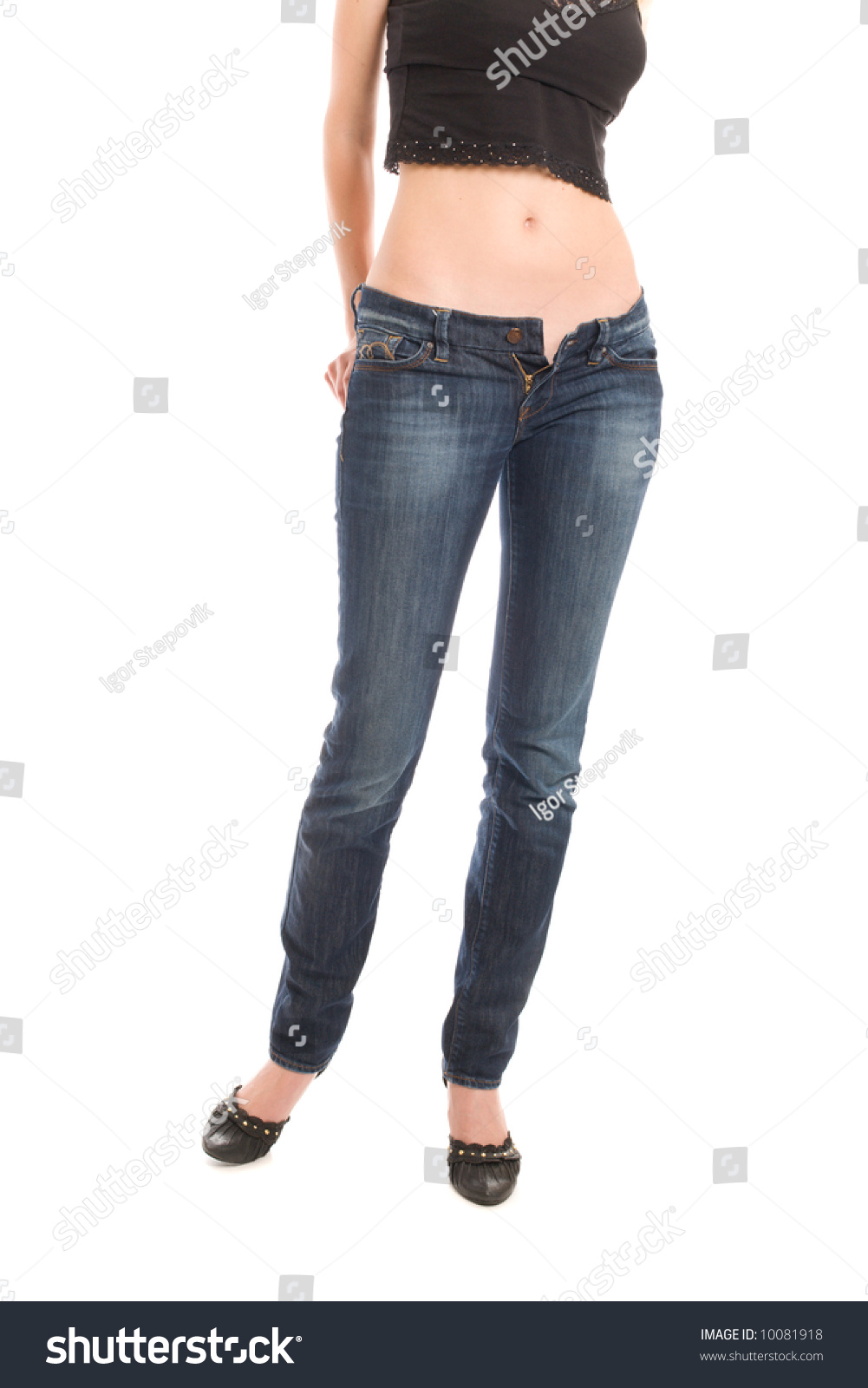 Lovely Girl Undress Blue Jeans. Woman'S Torso Isolated On White Stock ...