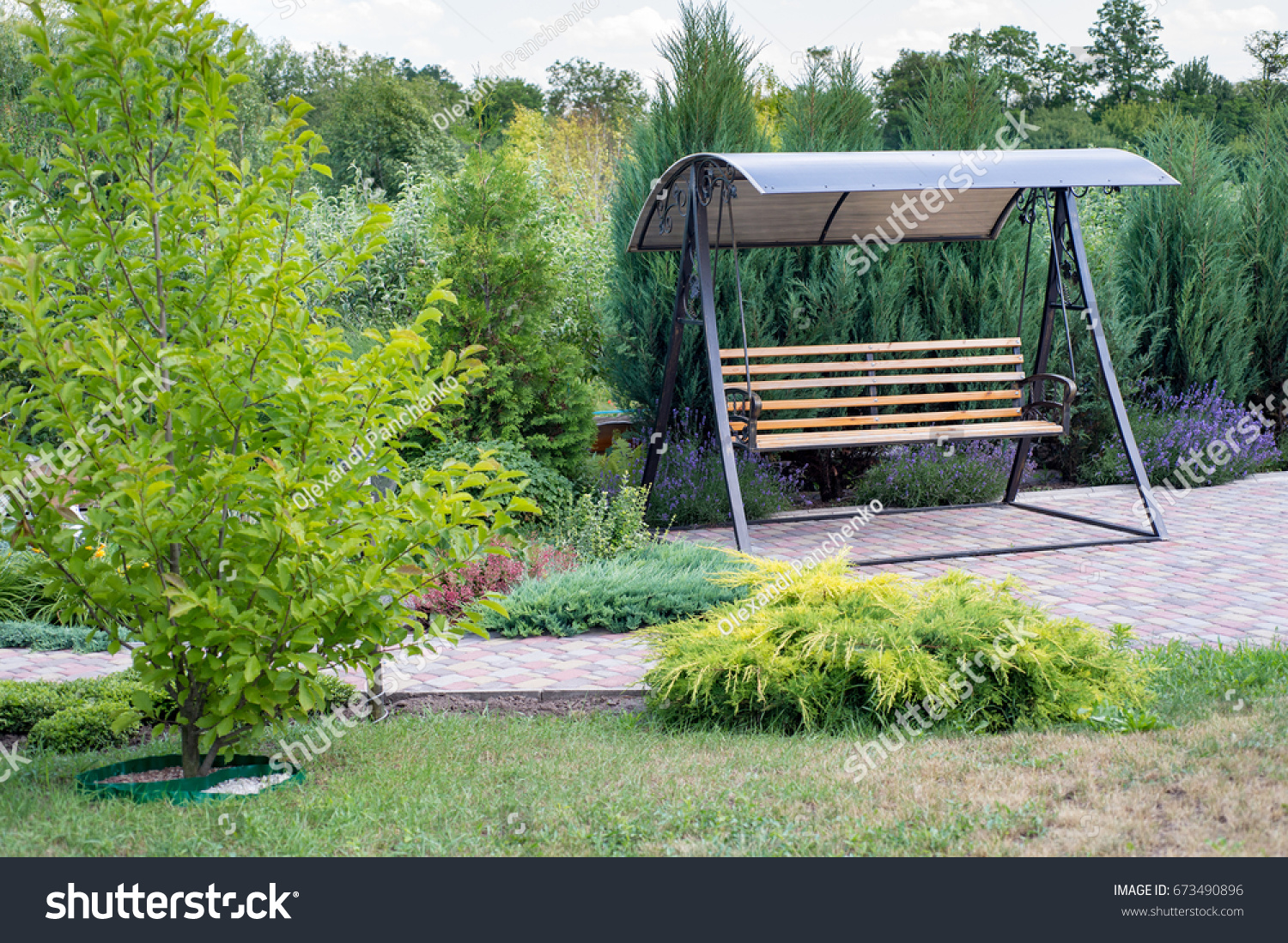 Lovely Lonely Garden Swing Beautiful Landscape Stock Photo 673490896