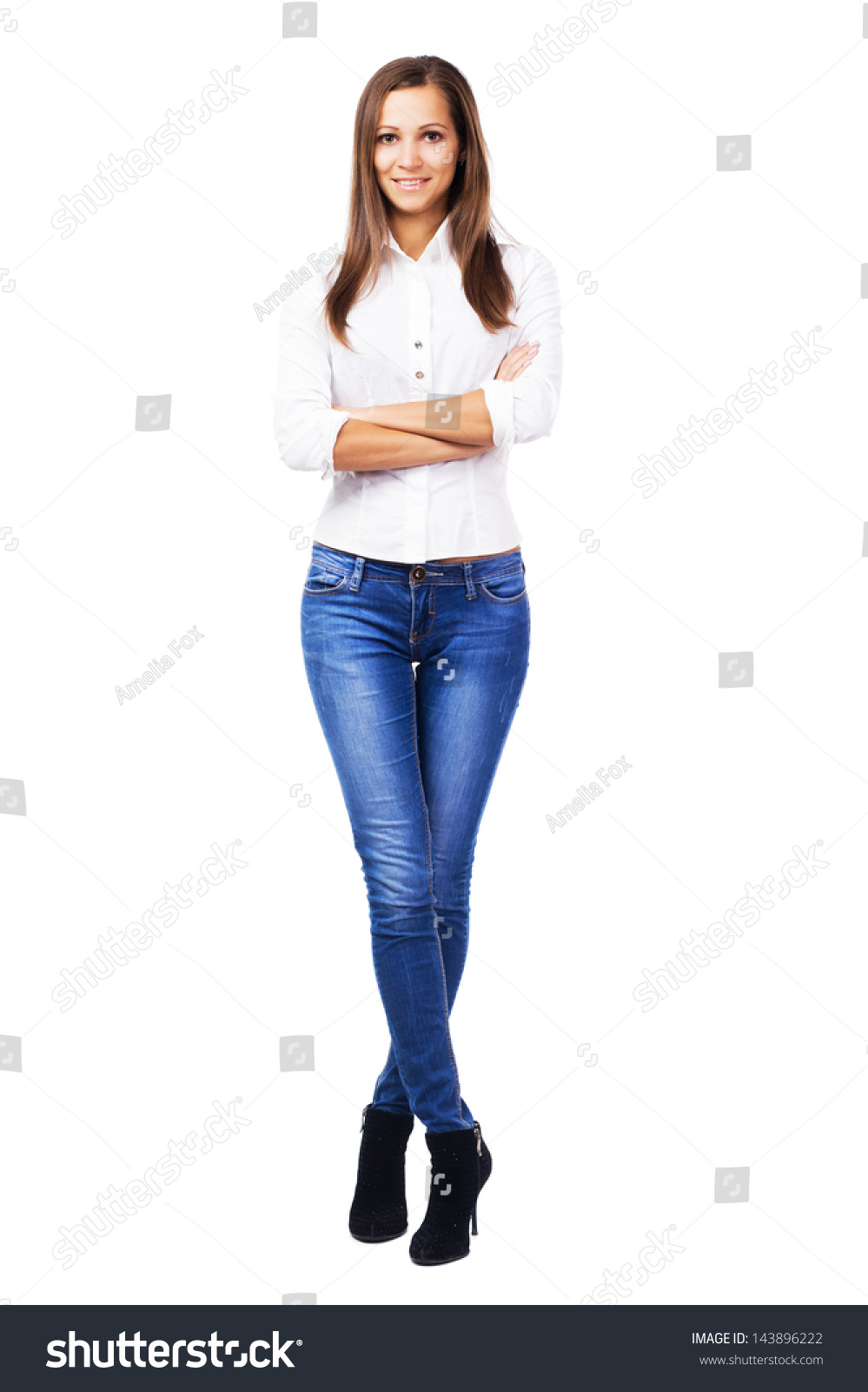 white shirt blue jeans girl