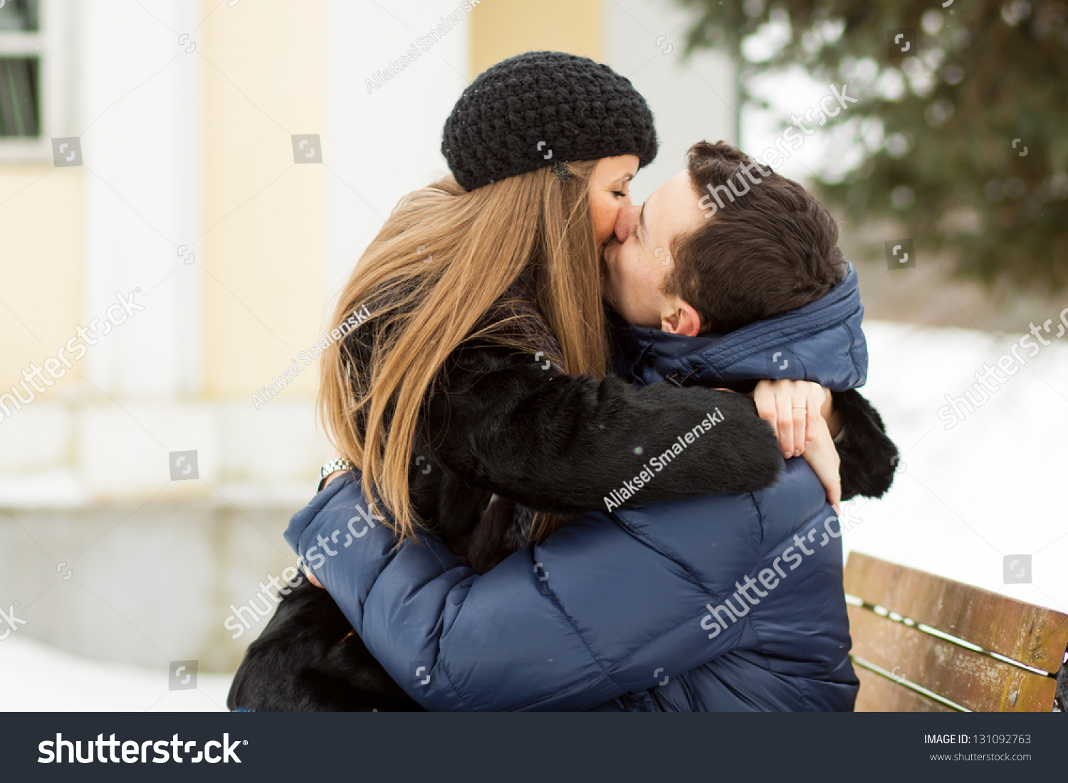 Lovers Kissing On Bench Winter Park Stock Photo 131092763 | Shutterstock