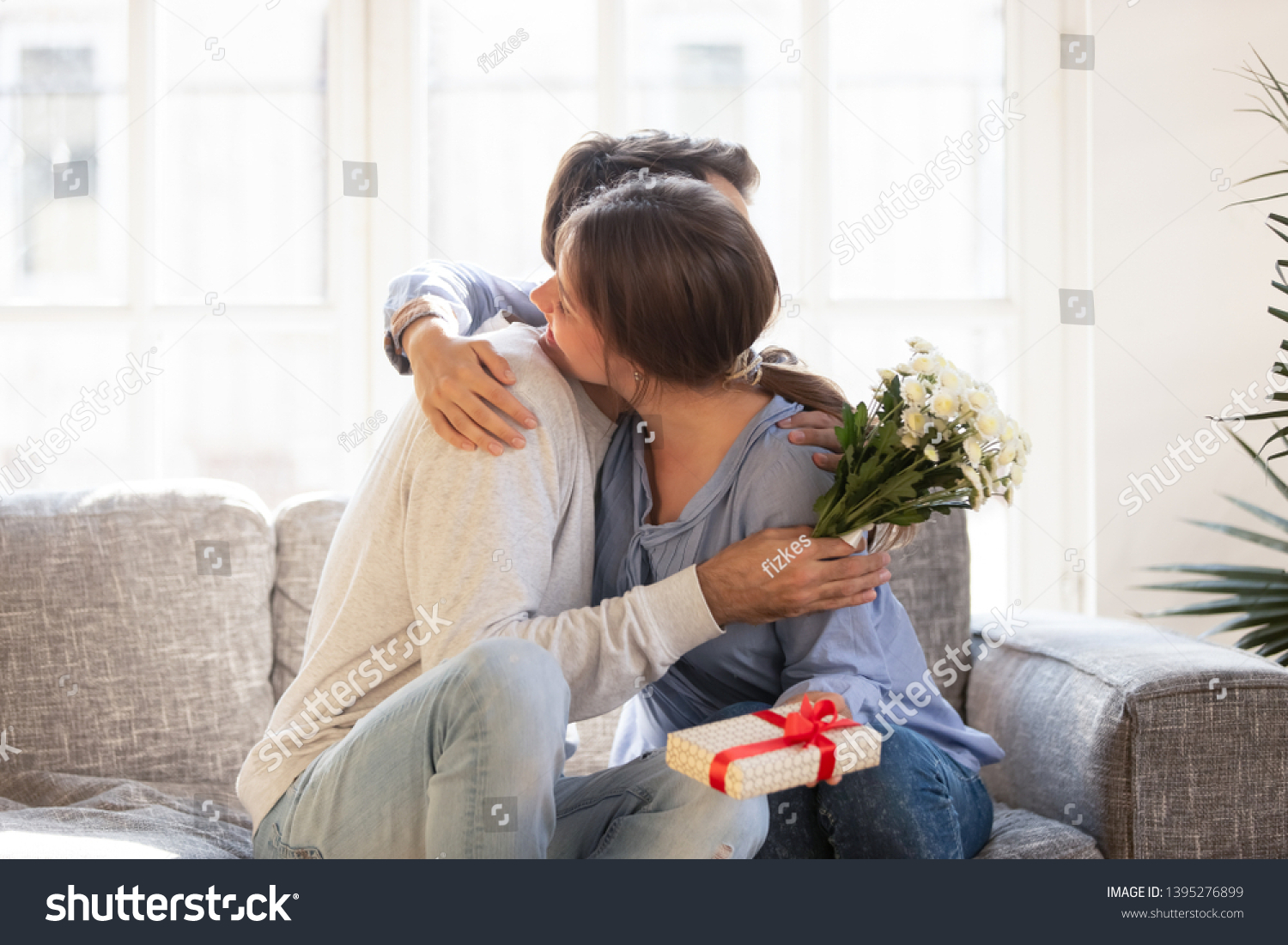 Loving Wife Embracing Husband Thanking Romantic Stock Photo