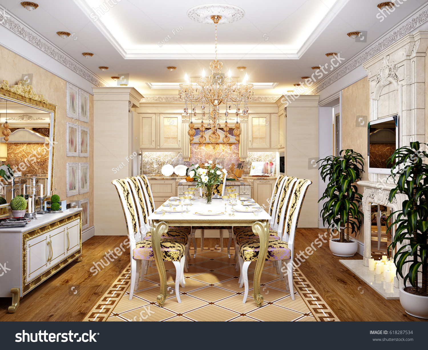 Luxurious Classic Baroque Kitchen Dining Room Stock Illustration