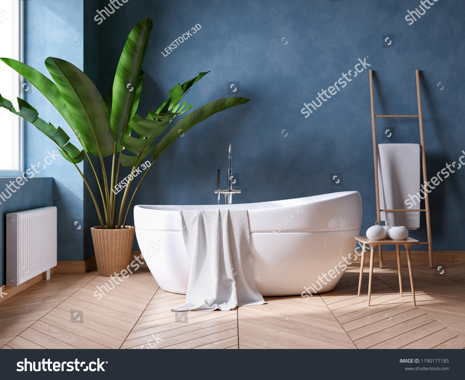 グランジ暗い青の壁に白い浴槽 豪華なモダンバスルームの内装デザイン 3dレンダリング のイラスト素材