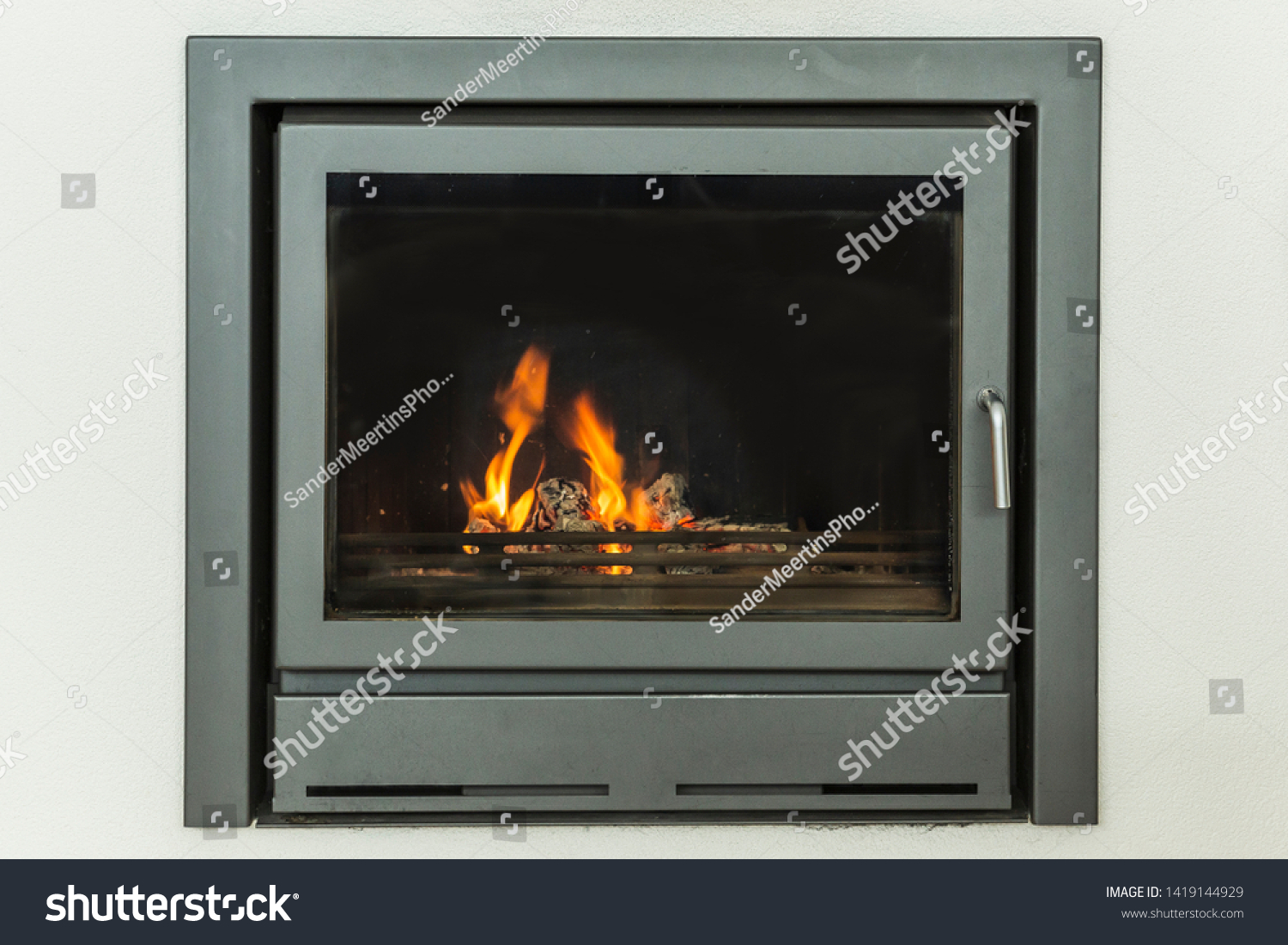 Luxurious Modern Design Fireplace Burning Firewood Stock Photo