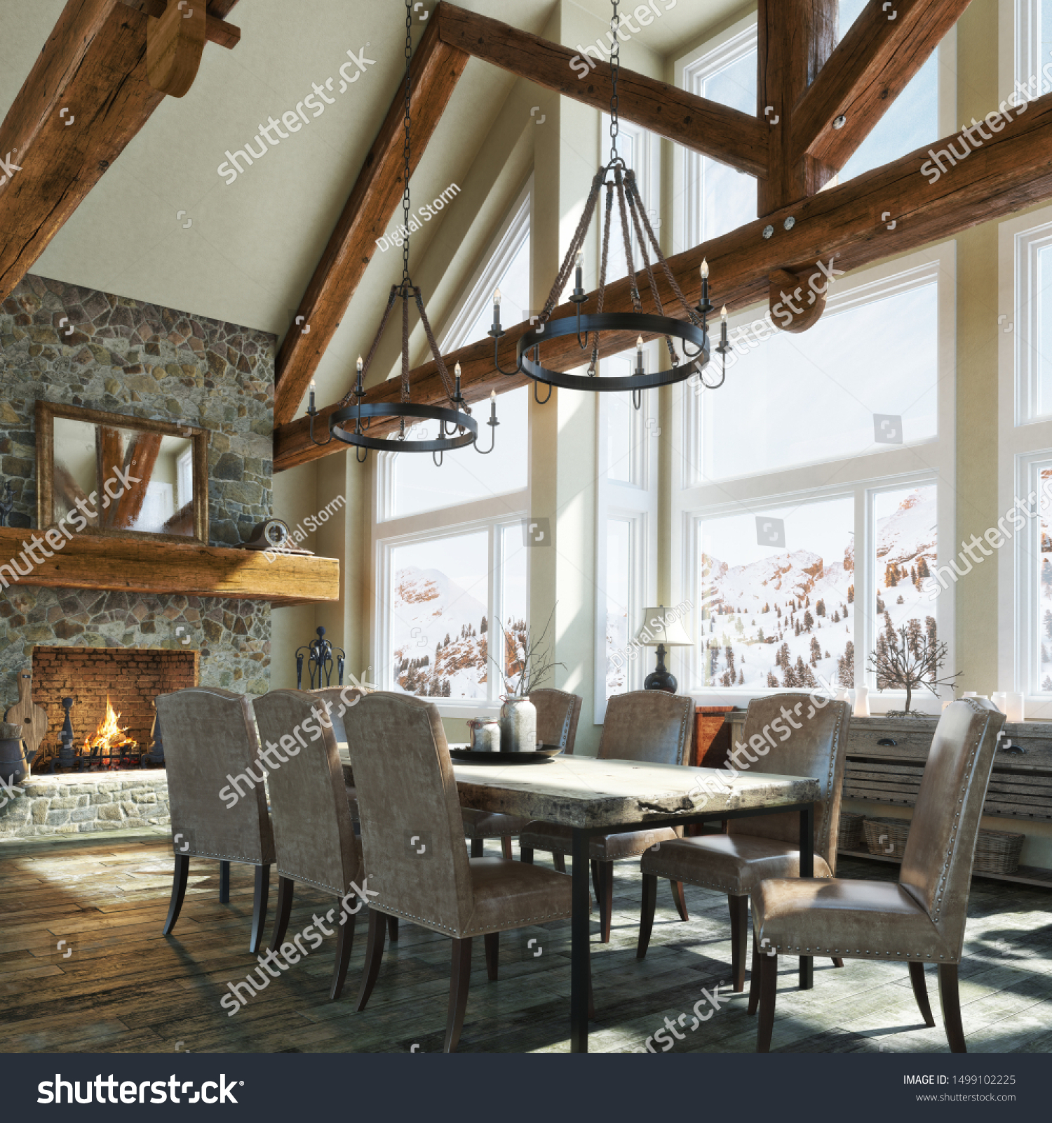 Luxurious Open Floor Rustic Cabin Interior Stock Illustration