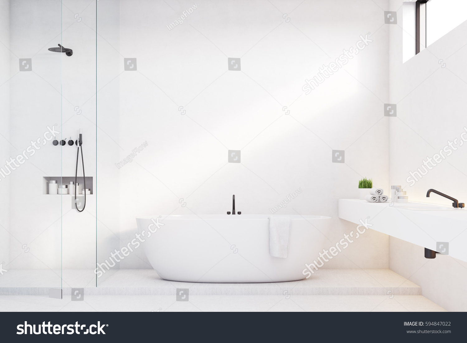 Luxury Bathroom Interior White Walls Shower Stock Illustration ...