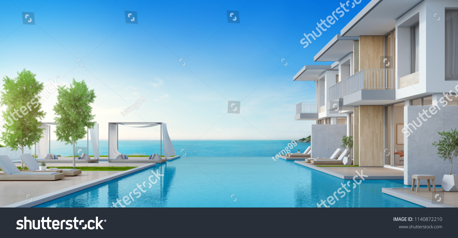 Ilustración De Stock Sobre Lujosa Casa De Playa Con Piscina